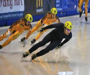 пазл Три фигуристы в скоростном беге на коньках гонка